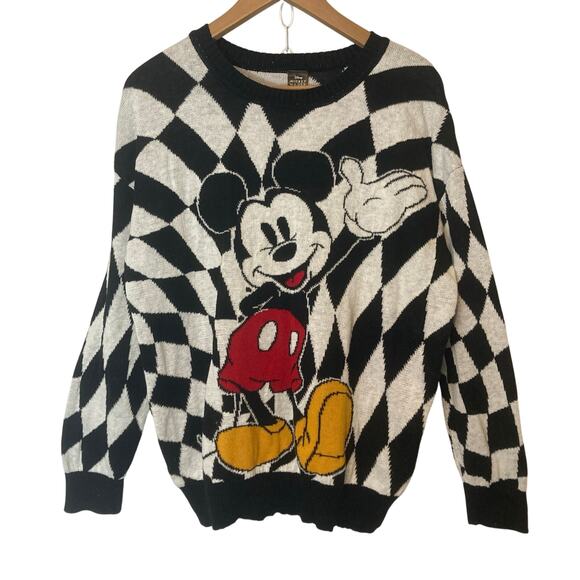 Sweaters - Disney Mickey Mouse Black White Checkerboard Plaid Cotton Knit Sweater Large